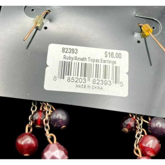 Vintage Cookie Lee Earrings Dangle Beads Crystal Pink Red Brass Tone NEW - Picture 6 of 6